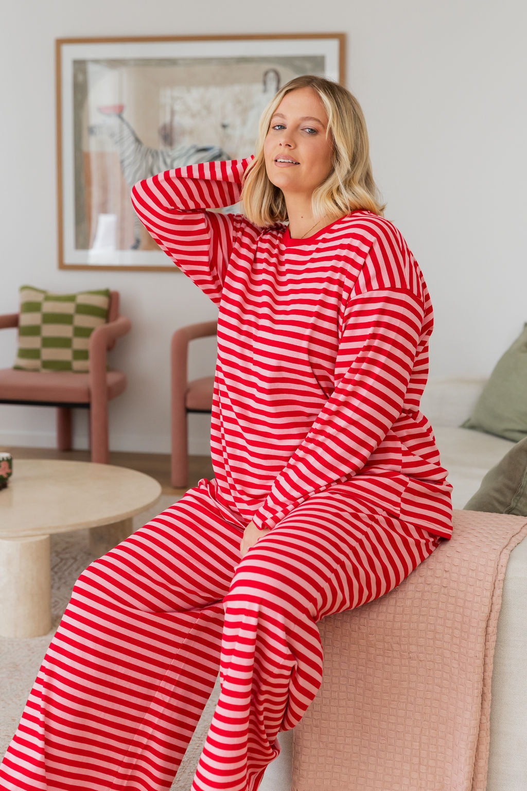Long Sleeve Boxy Tee in Pink/Red Stripes