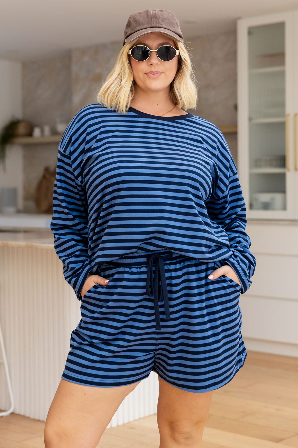Long Sleeve Boxy Tee in Blue Stripes