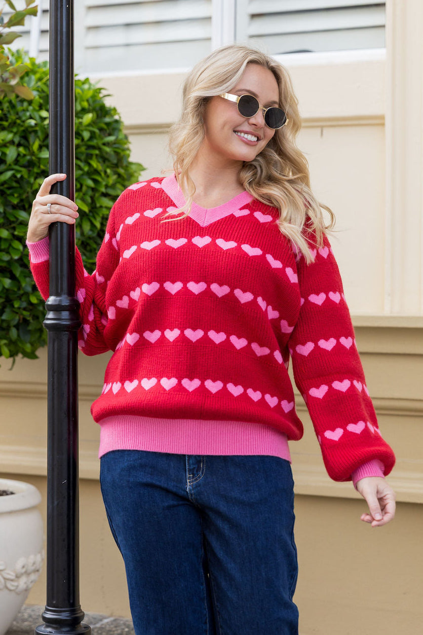 Sienna Knit Sweater in Red/Pink Hearts
