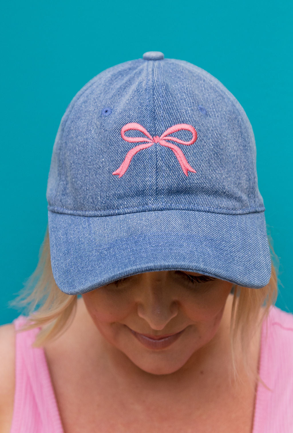 Essentials Cap in Embroidered Bow Mid Wash Denim