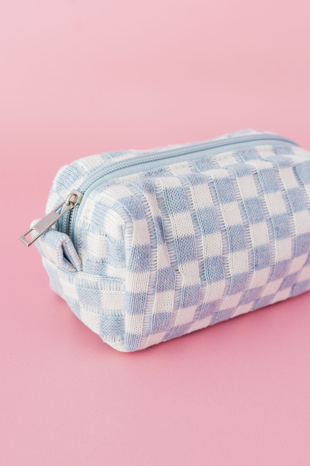 Knitted Checkerboard Cosmetics Bag in Blue