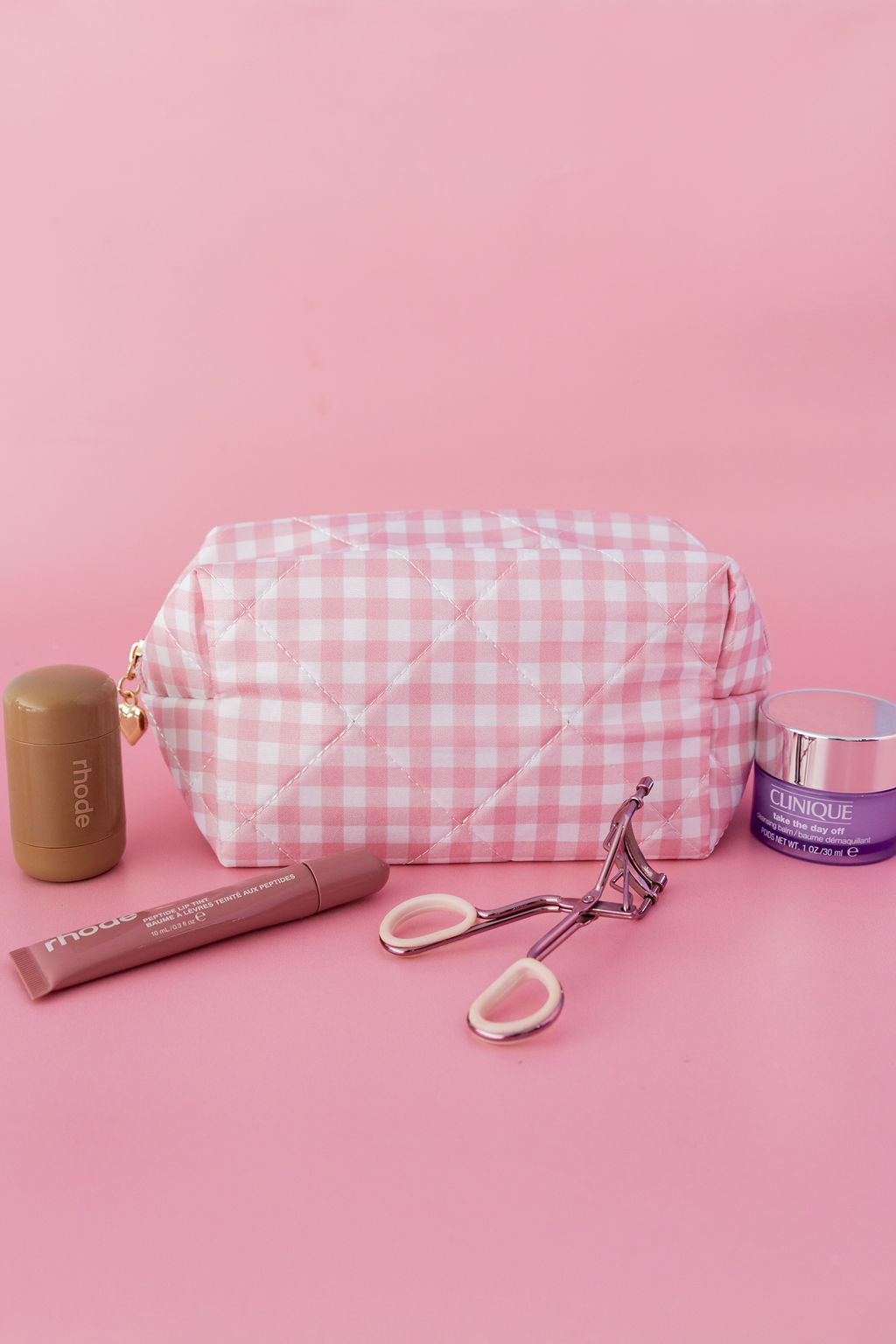Gingham Cosmetics Bag in Pink/White