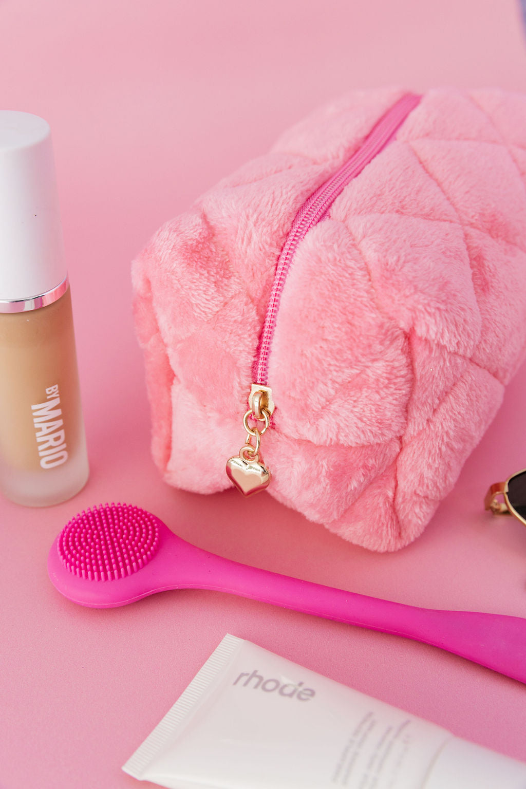 Faux Fur Cosmetics Bag in Barbie Pink