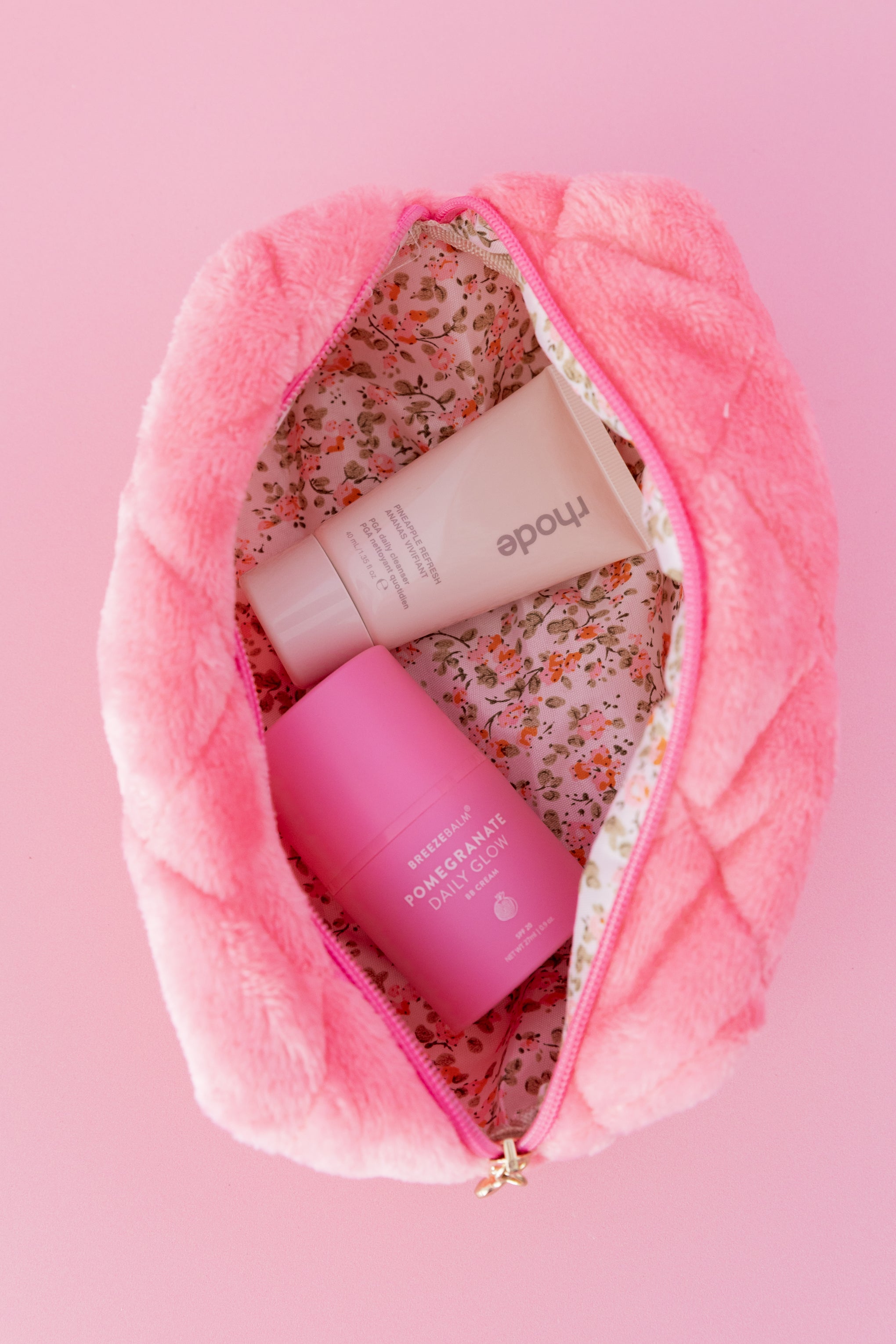 Faux Fur Cosmetics Bag in Barbie Pink