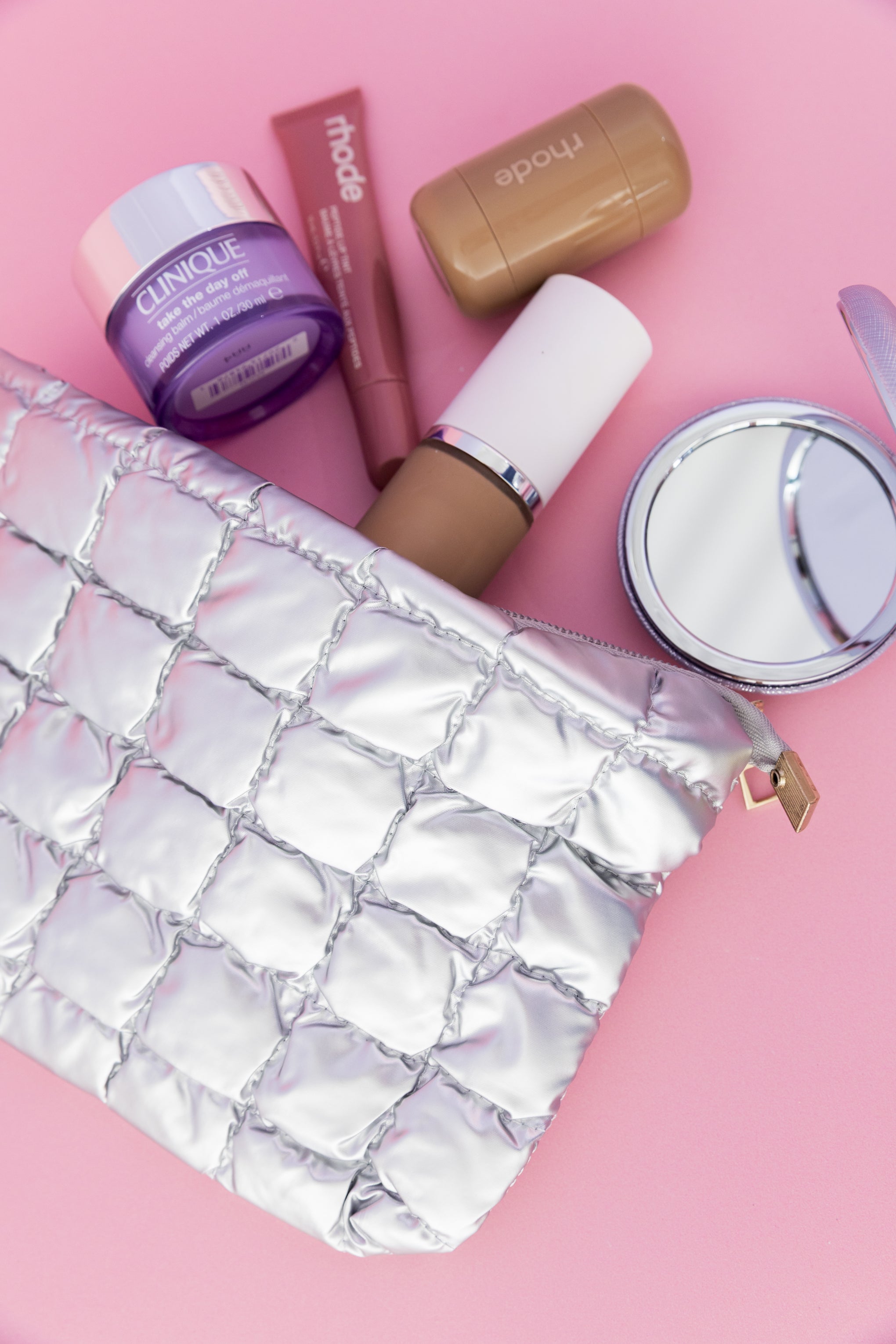 Quilted Cosmetics Bag in Metallic Silver
