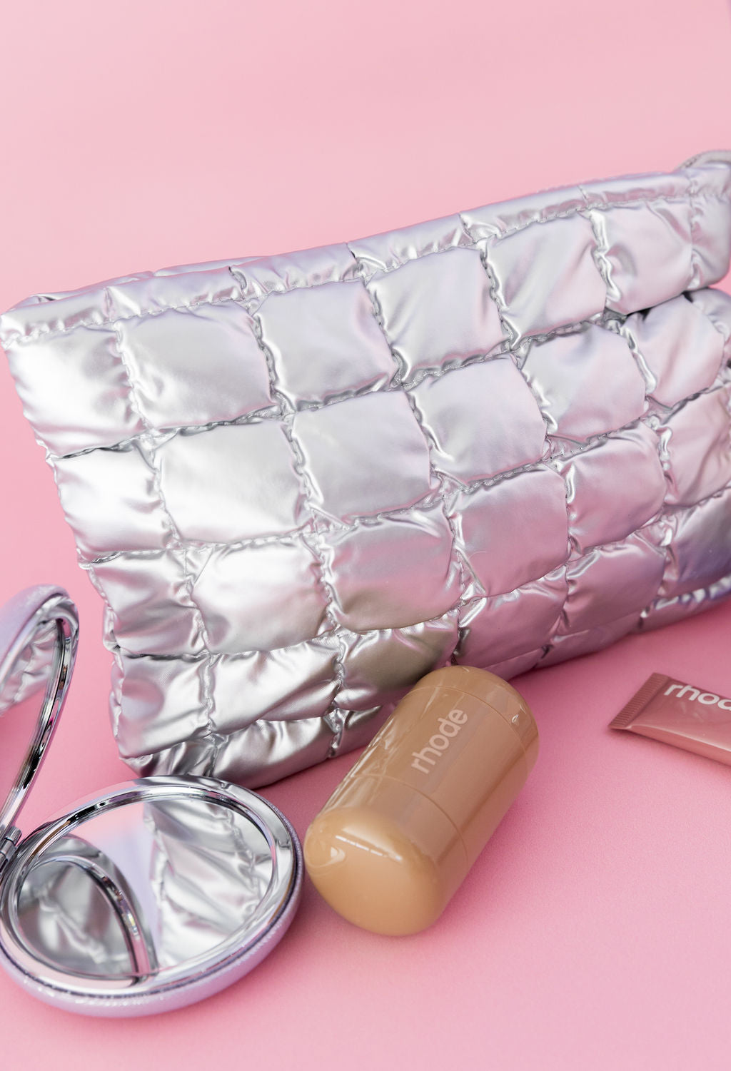 Quilted Cosmetics Bag in Metallic Silver