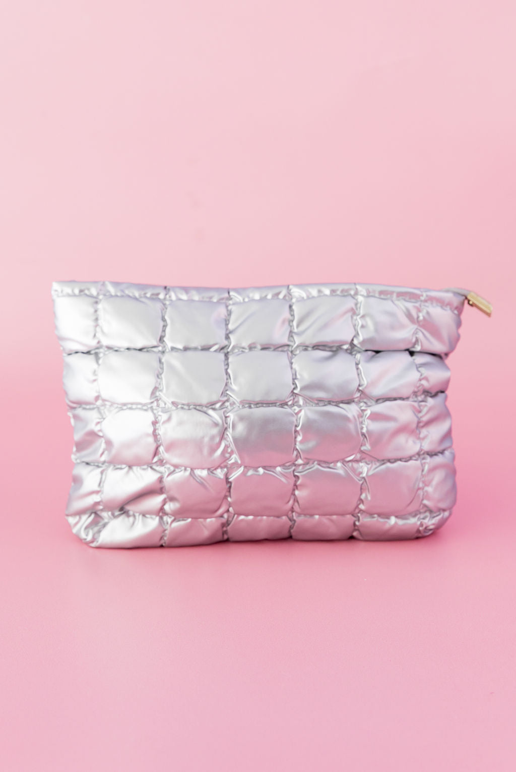Quilted Cosmetics Bag in Metallic Silver