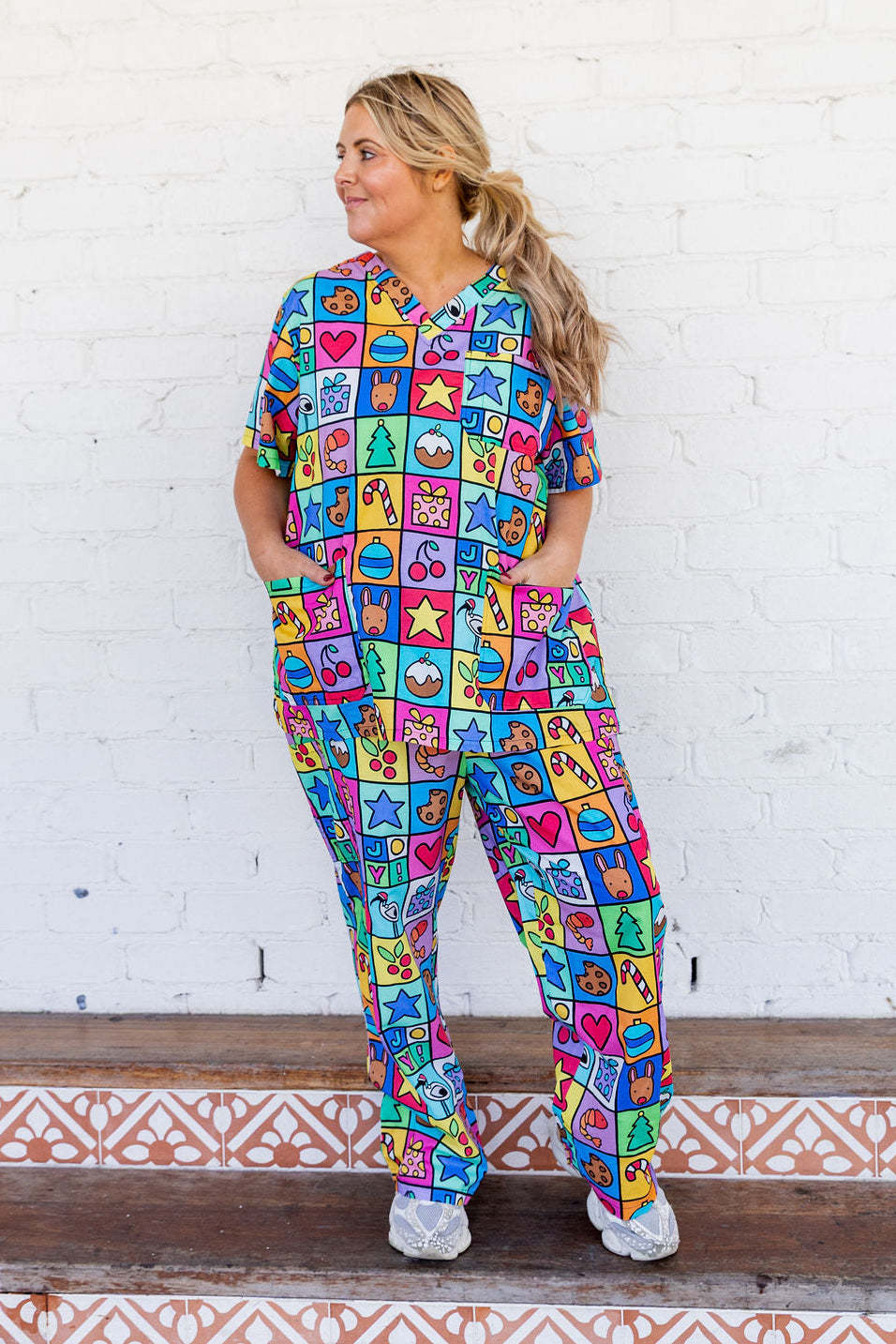 Audrey Scrubs in Christmas Checkers by Kasey Rainbow