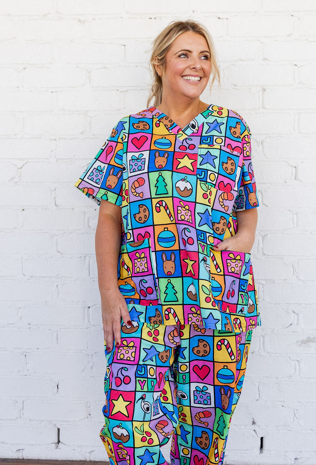 Audrey Scrubs in Christmas Checkers by Kasey Rainbow