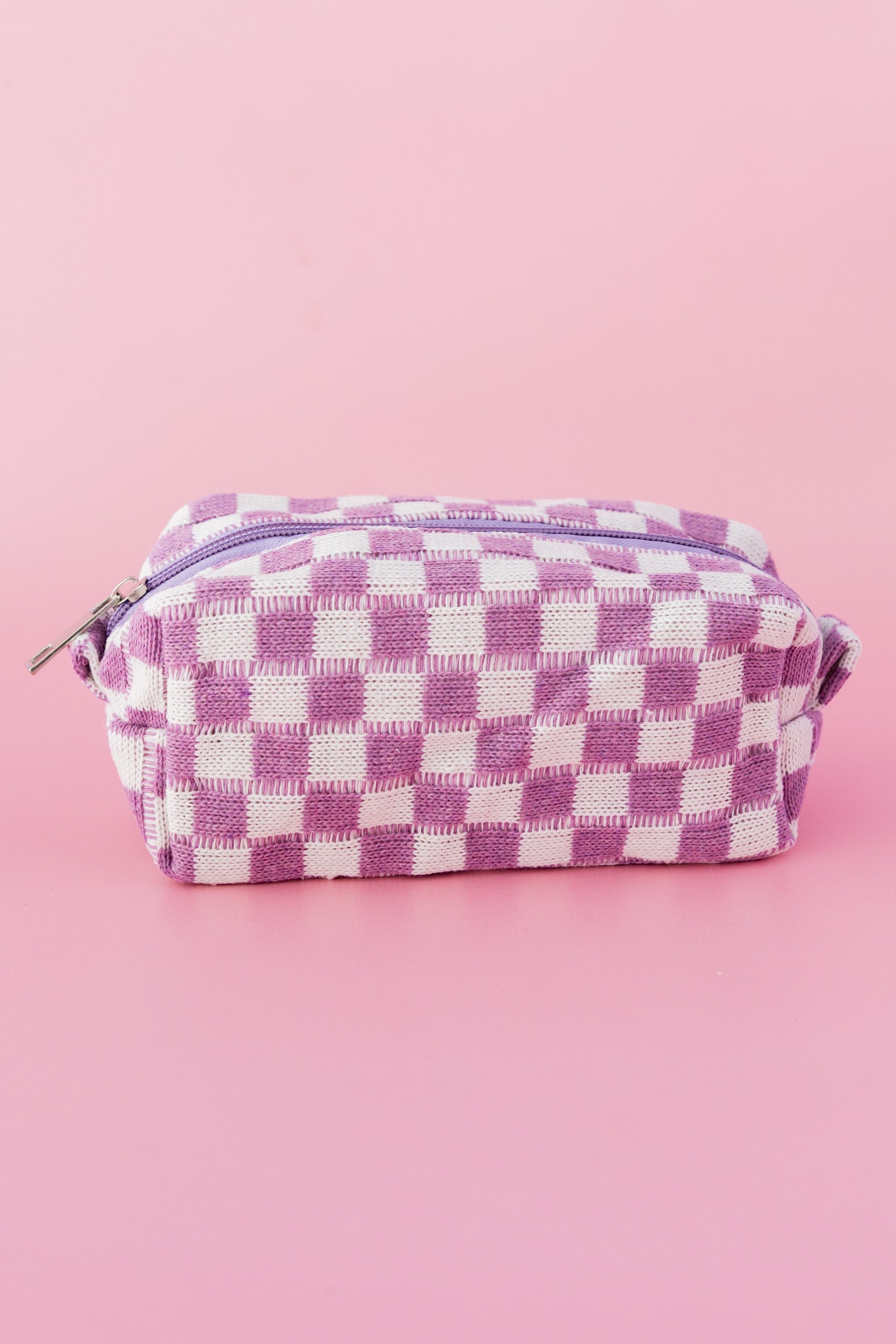 Knitted Checkerboard Cosmetics Bag in Lilac