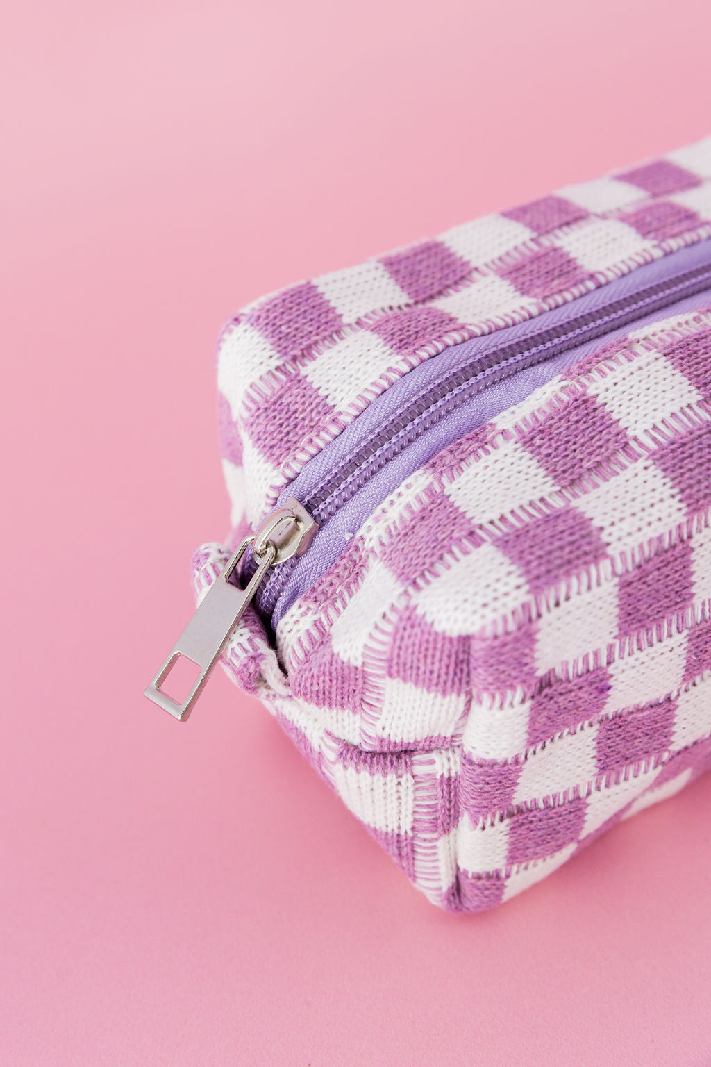 Knitted Checkerboard Cosmetics Bag in Lilac