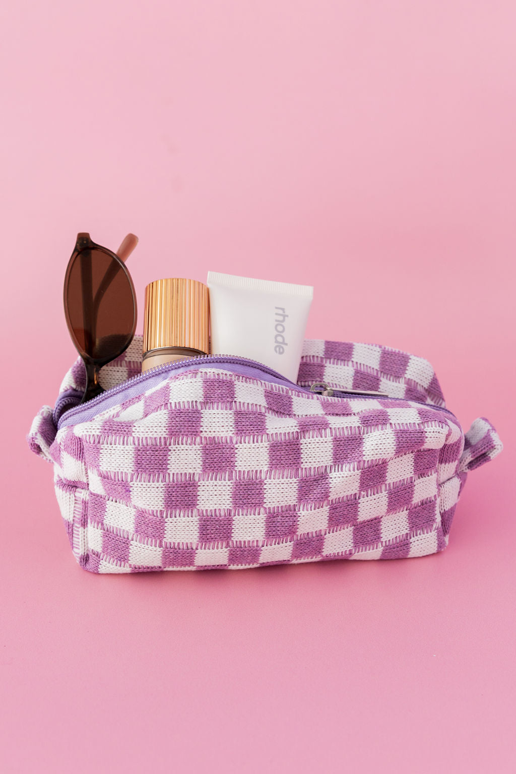 Knitted Checkerboard Cosmetics Bag in Lilac