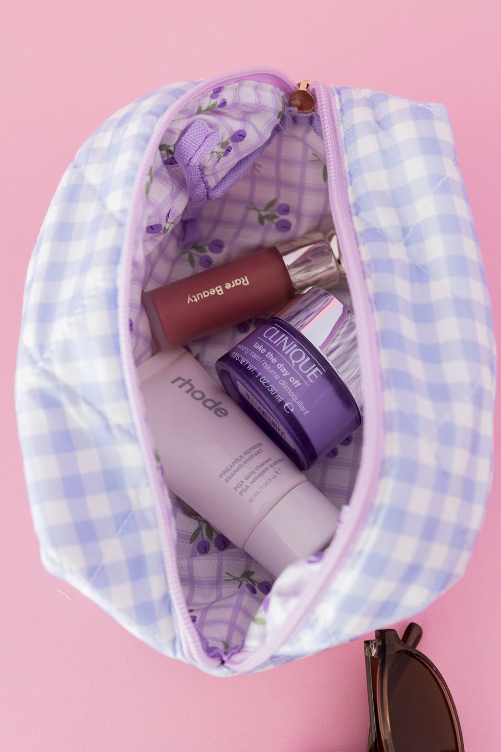 Gingham Cosmetics Bag in Baby Blue/White