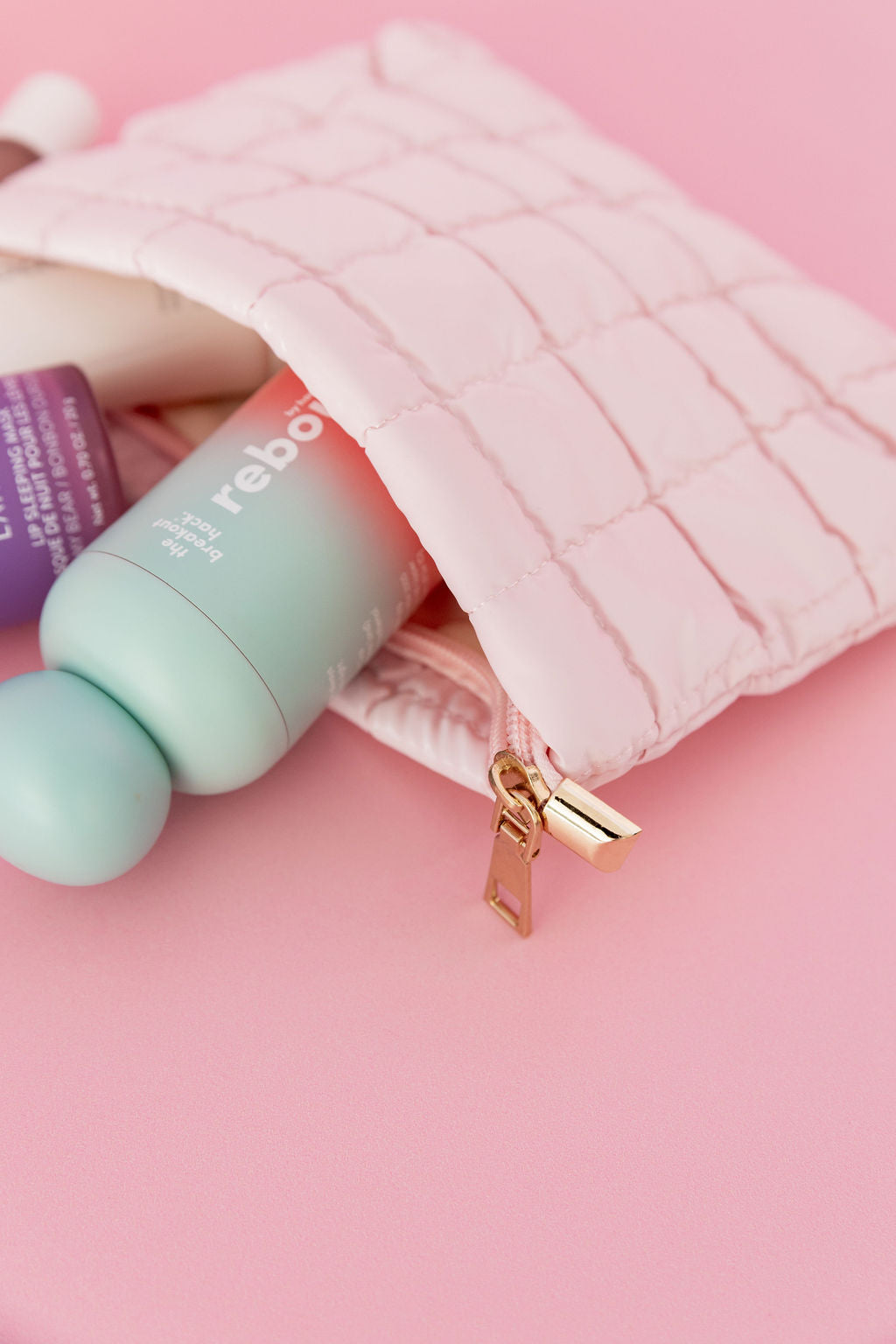 Quilted Cosmetics Bag in Pastel Pink
