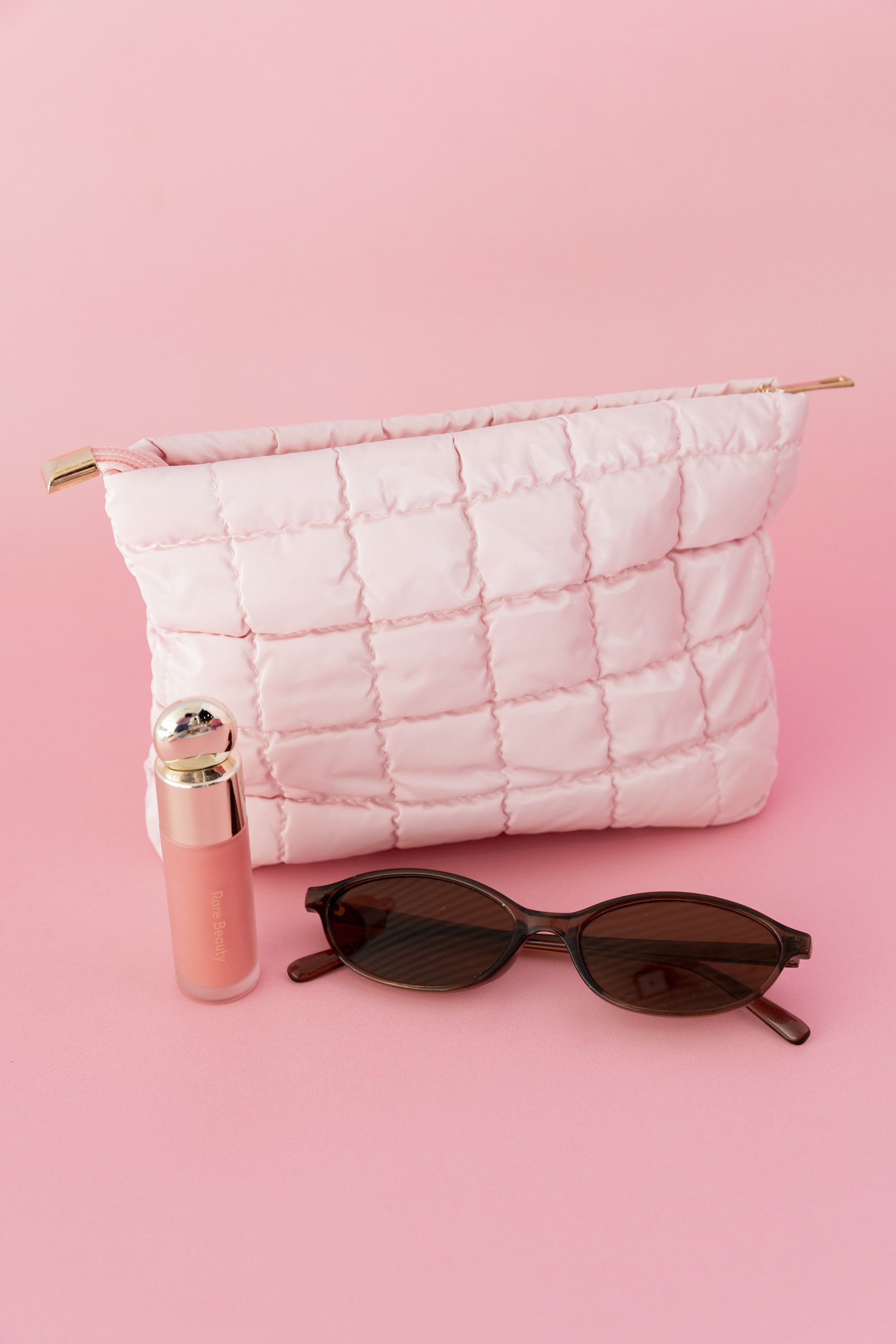 Quilted Cosmetics Bag in Pastel Pink