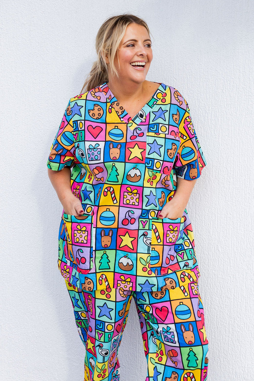 Audrey Scrubs in Christmas Checkers by Kasey Rainbow