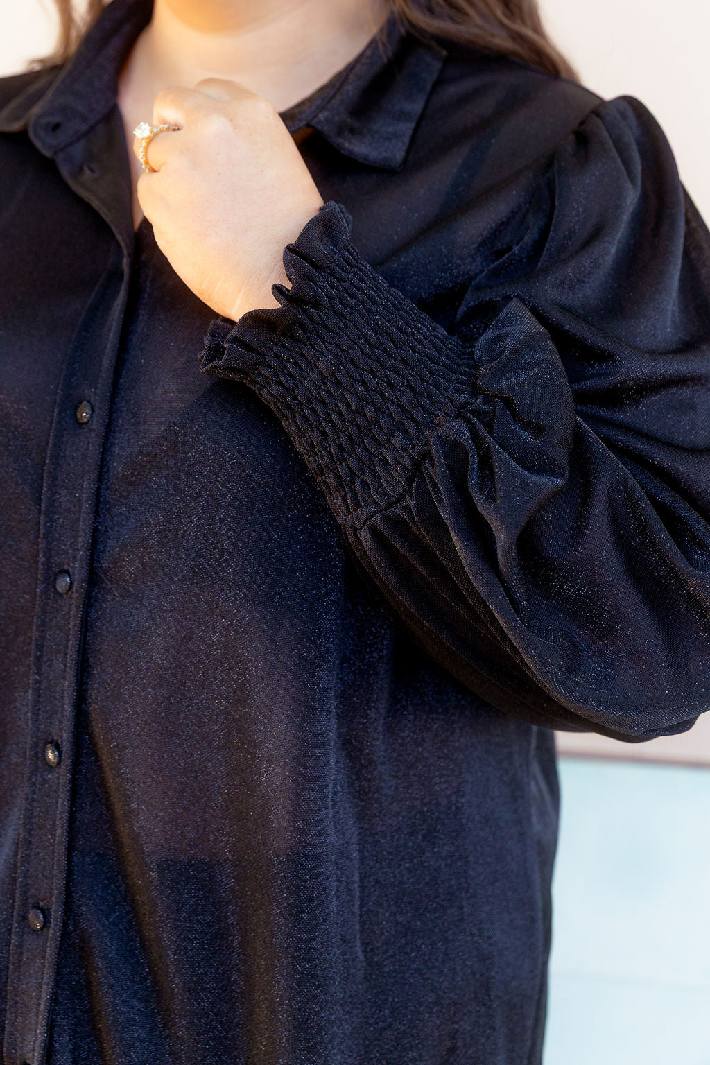 Long Sleeve Shirred Cuff Shirt in Black