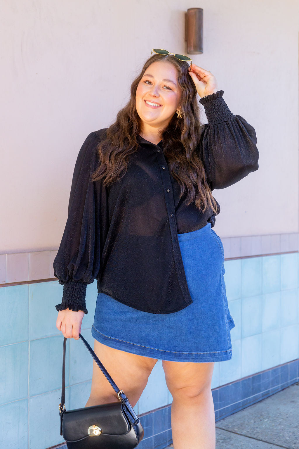 Long Sleeve Shirred Cuff Shirt in Black