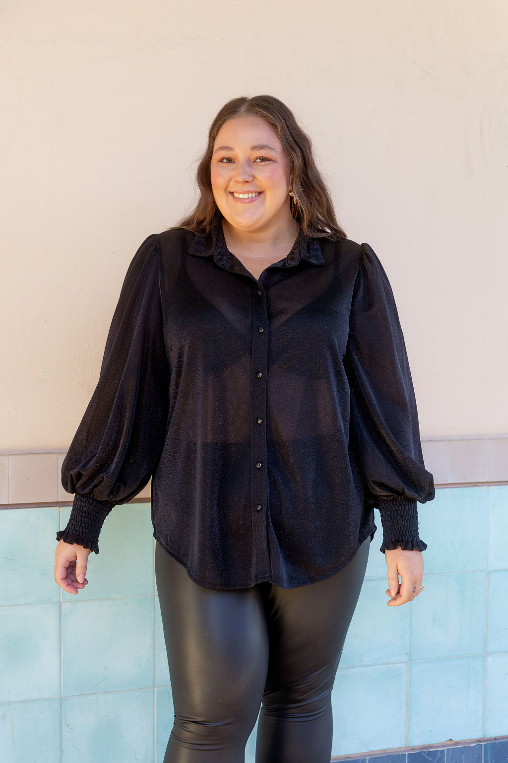 Long Sleeve Shirred Cuff Shirt in Black