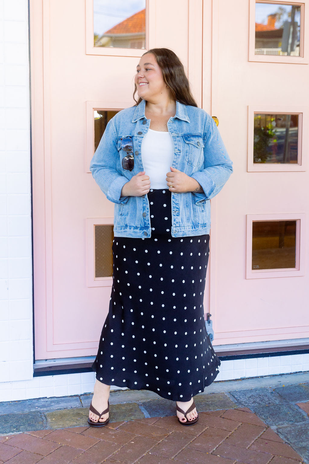 Livy Bias Skirt in Black Base Polka Dot