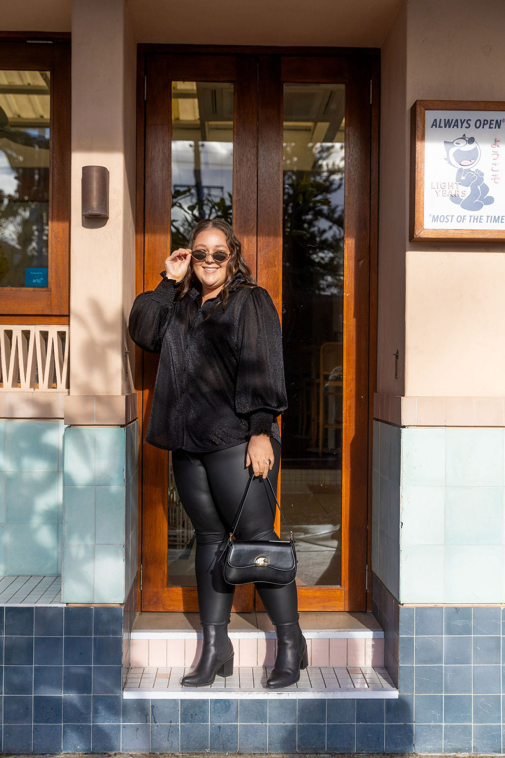 Long Sleeve Shirred Cuff Shirt in Black