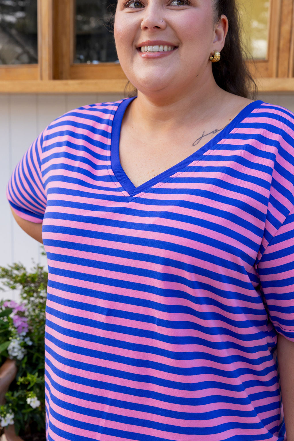 Striped V-Neck Tee in Pink/Cobalt