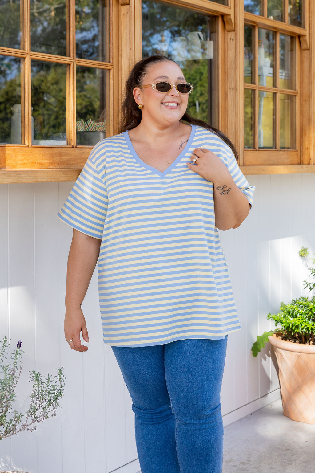Striped V-Neck Tee in Cornflower/Lemon