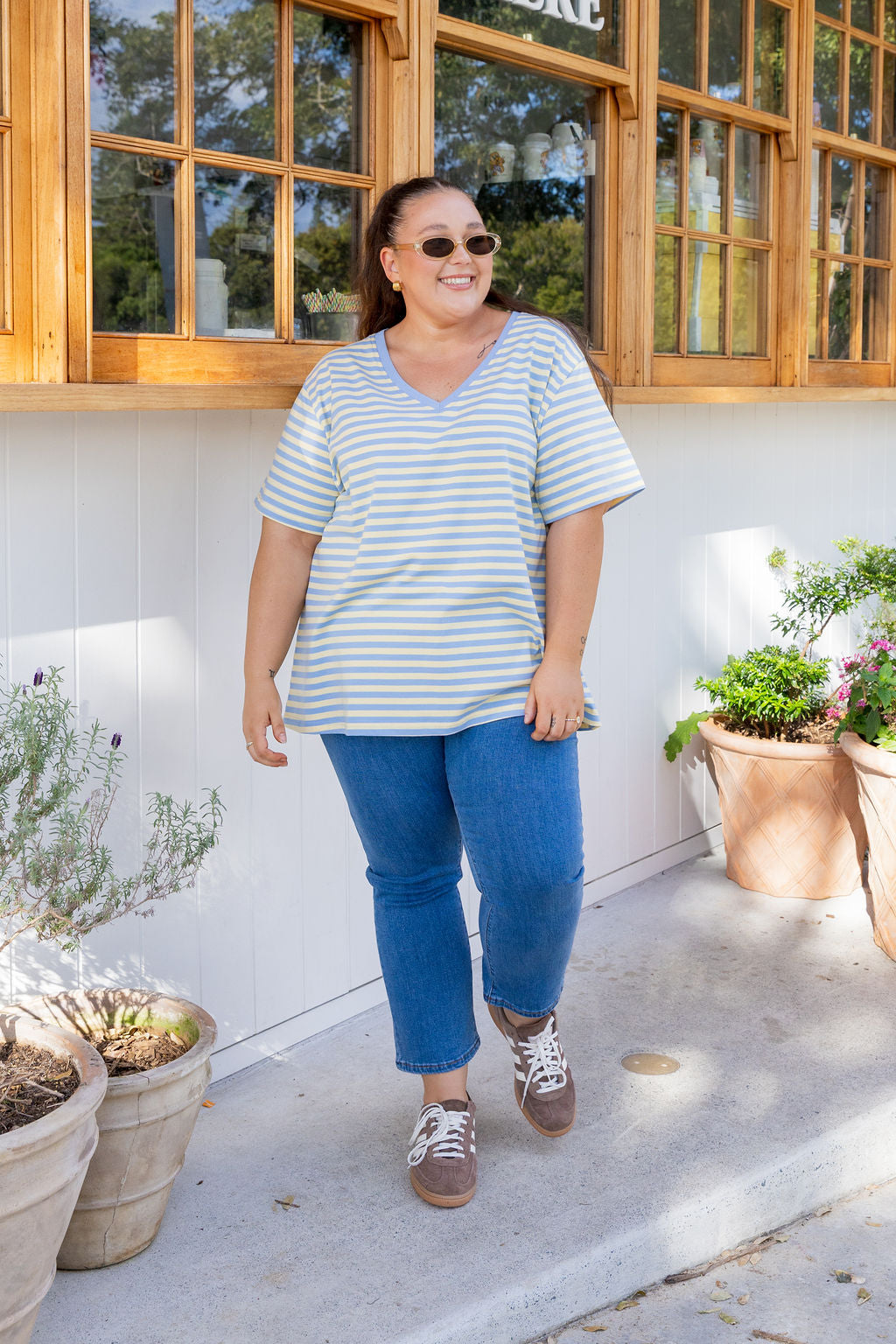 Striped V-Neck Tee in Cornflower/Lemon