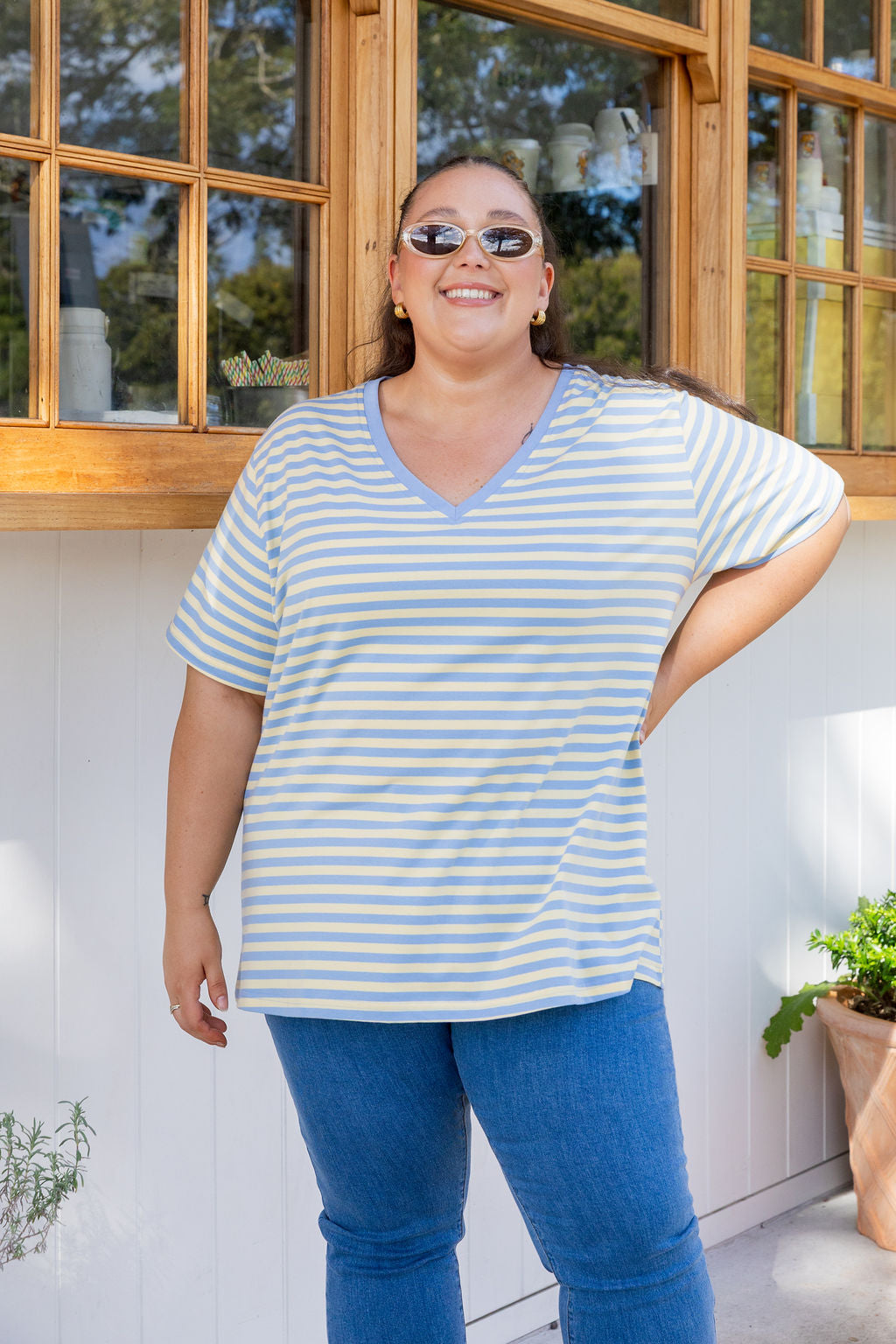 Striped V-Neck Tee in Cornflower/Lemon