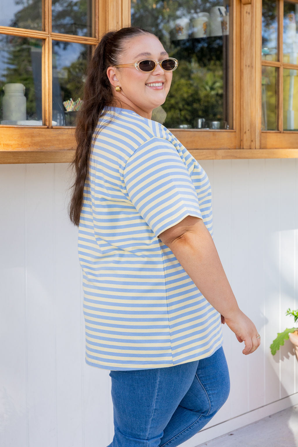 Striped V-Neck Tee in Cornflower/Lemon