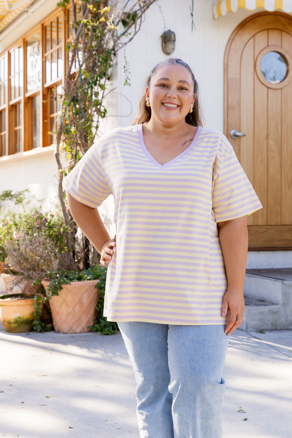 Striped V-Neck Tee in Lemon/Lilac