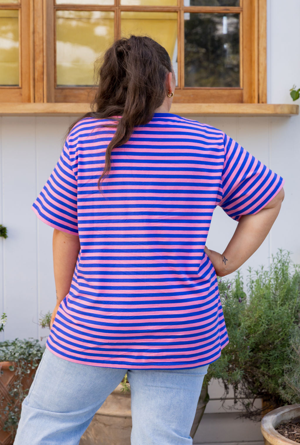 Striped V-Neck Tee in Pink/Cobalt