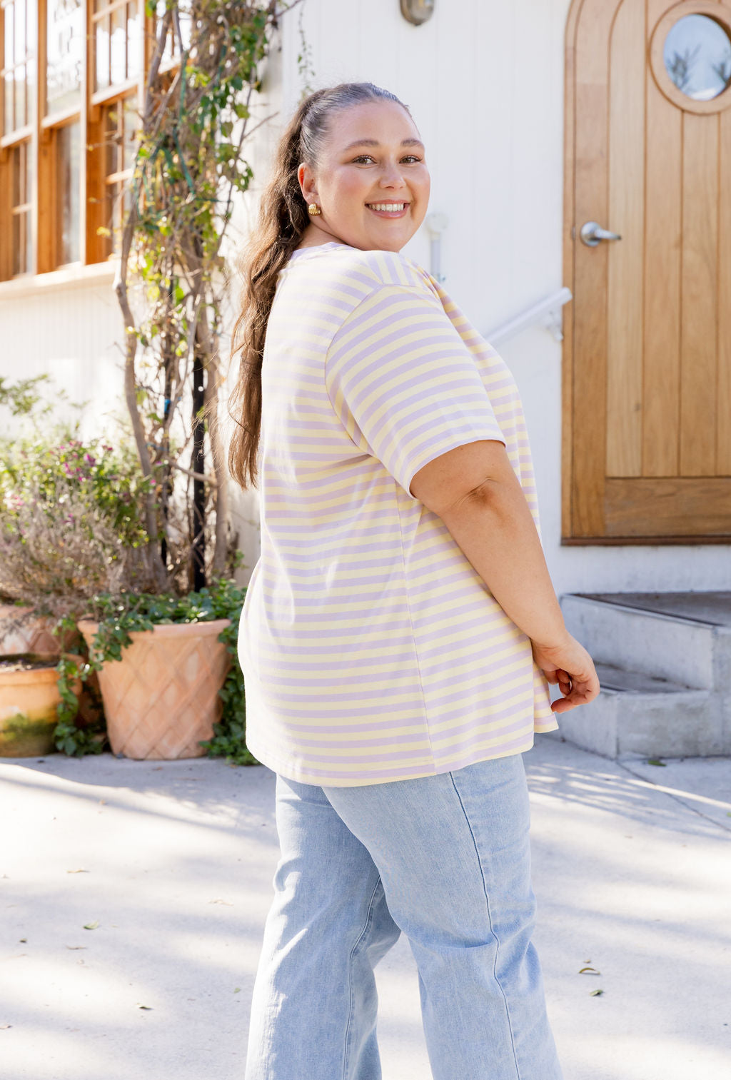 Striped V-Neck Tee in Lemon/Lilac