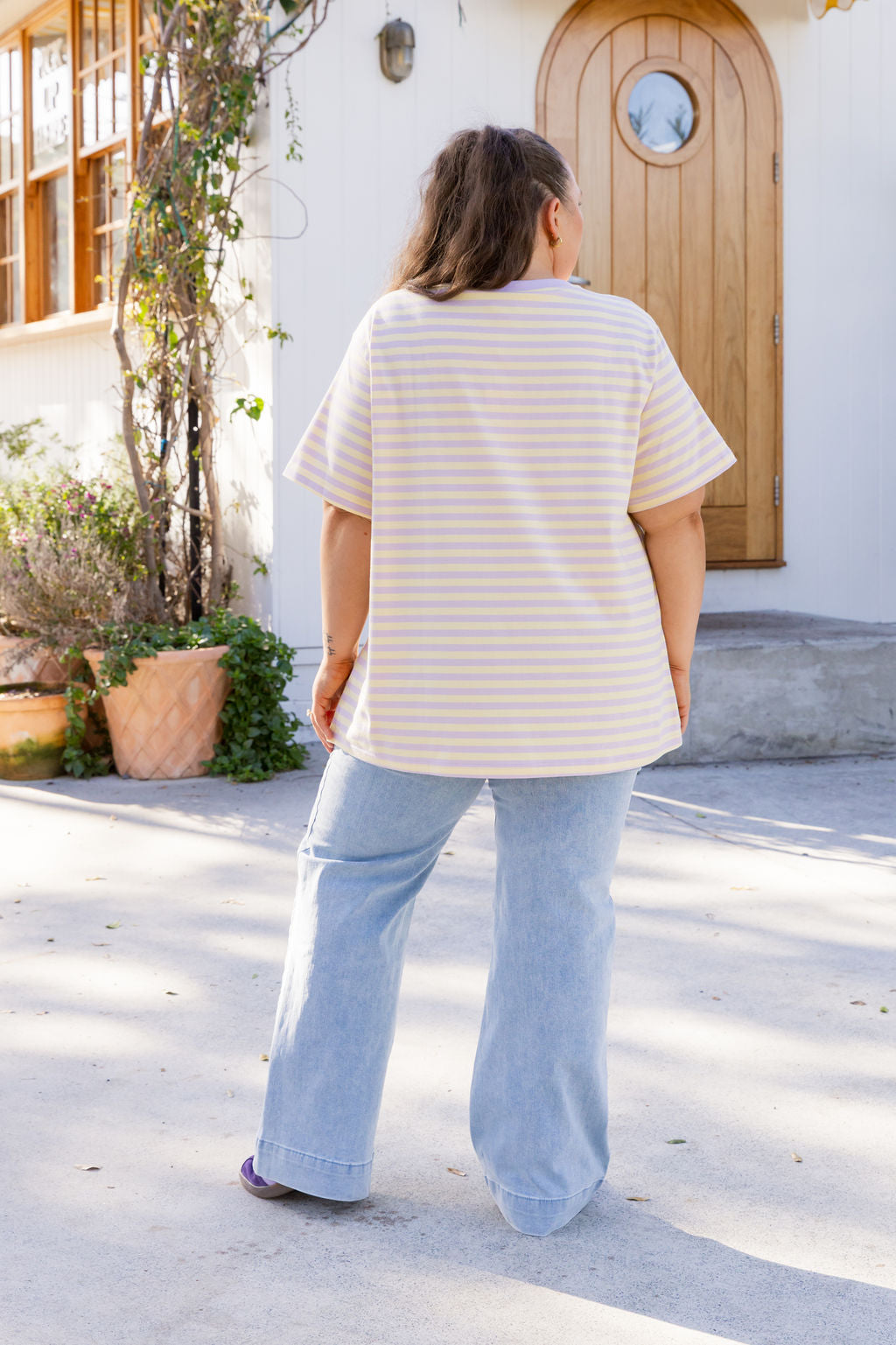 Striped V-Neck Tee in Lemon/Lilac