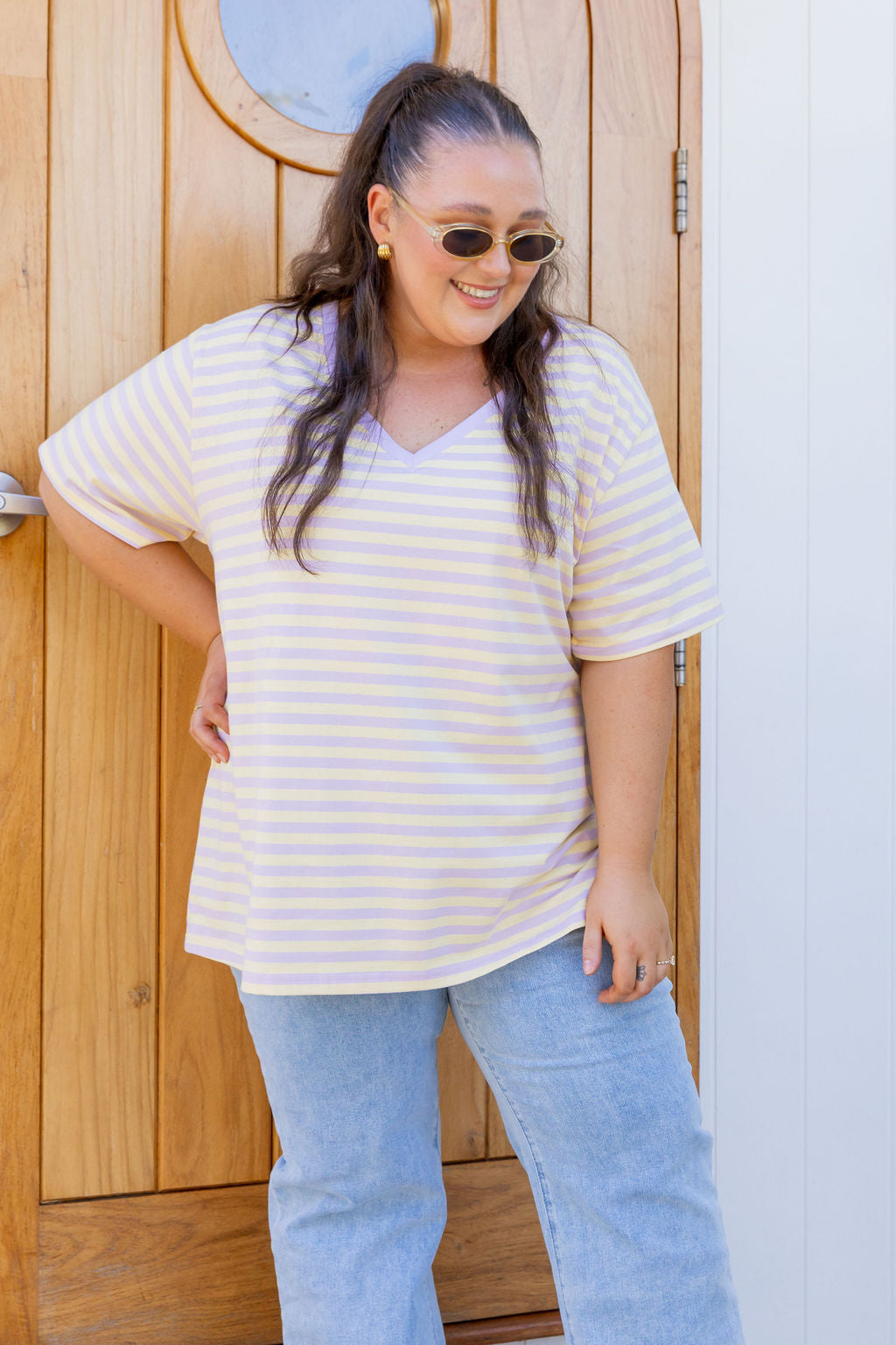 Striped V-Neck Tee in Lemon/Lilac