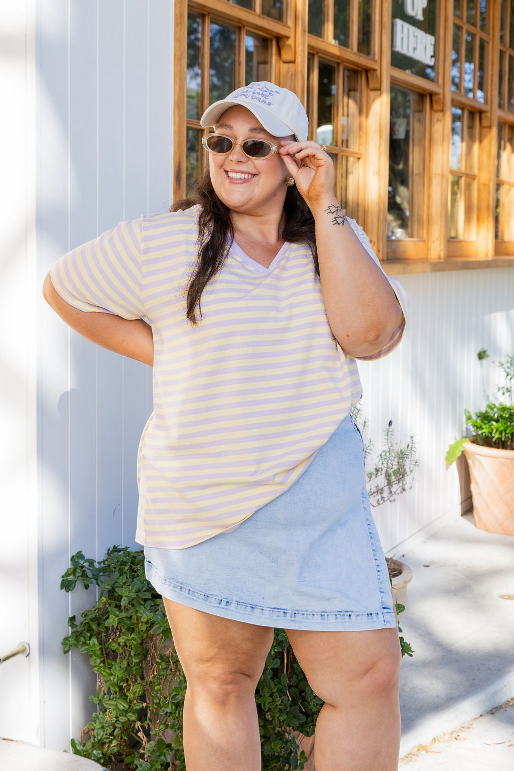 Striped V-Neck Tee in Lemon/Lilac