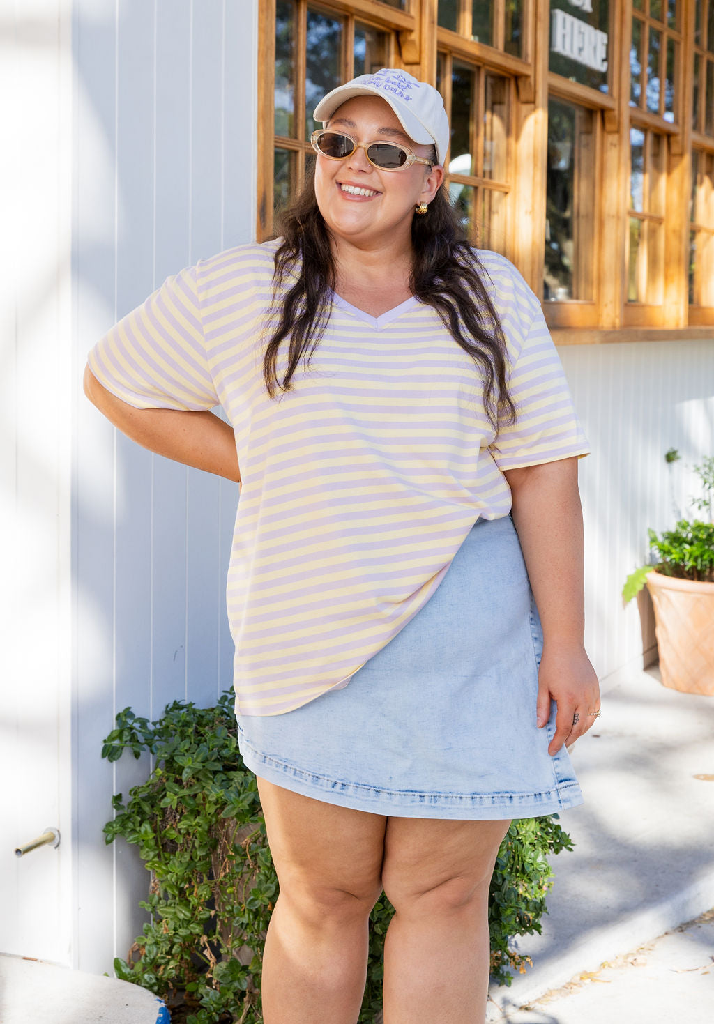 Striped V-Neck Tee in Lemon/Lilac