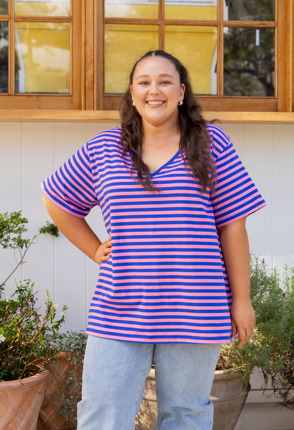 Striped V-Neck Tee in Pink/Cobalt