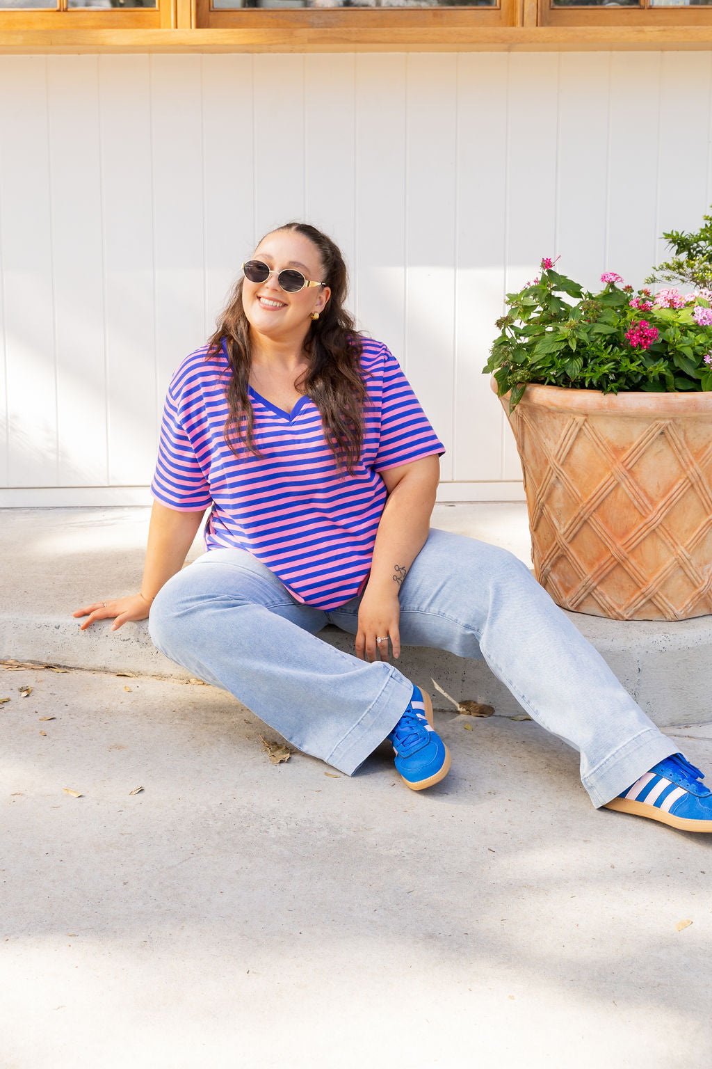 Striped V-Neck Tee in Pink/Cobalt