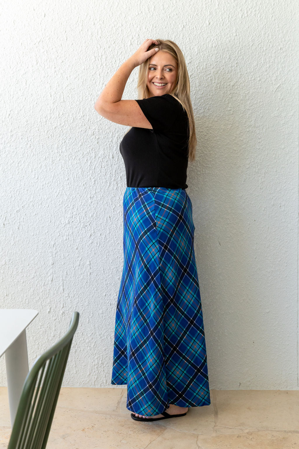 Livy Bias Skirt in Blue Tartan