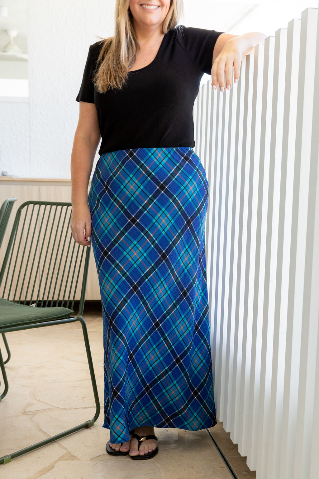 Livy Bias Skirt in Blue Tartan