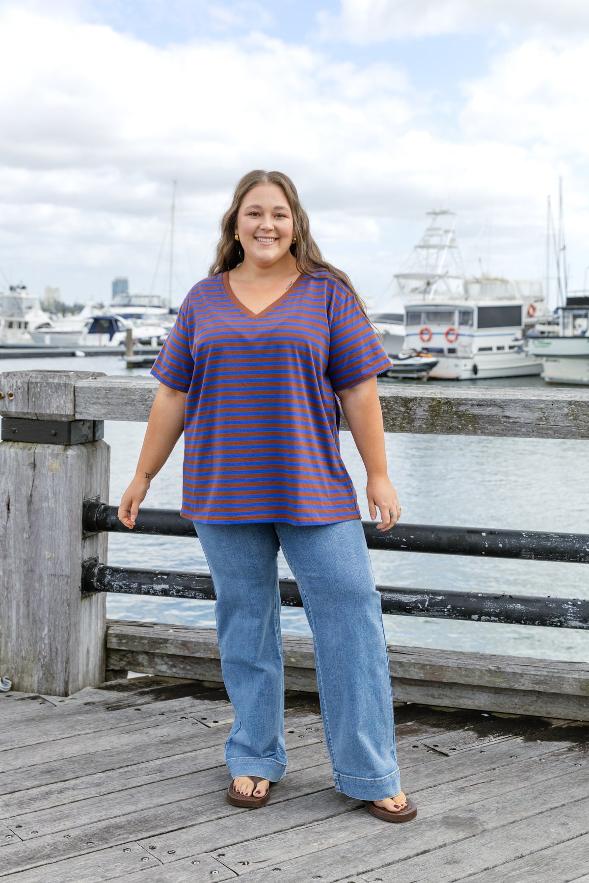 Striped V-Neck Tee in Blue/Brown