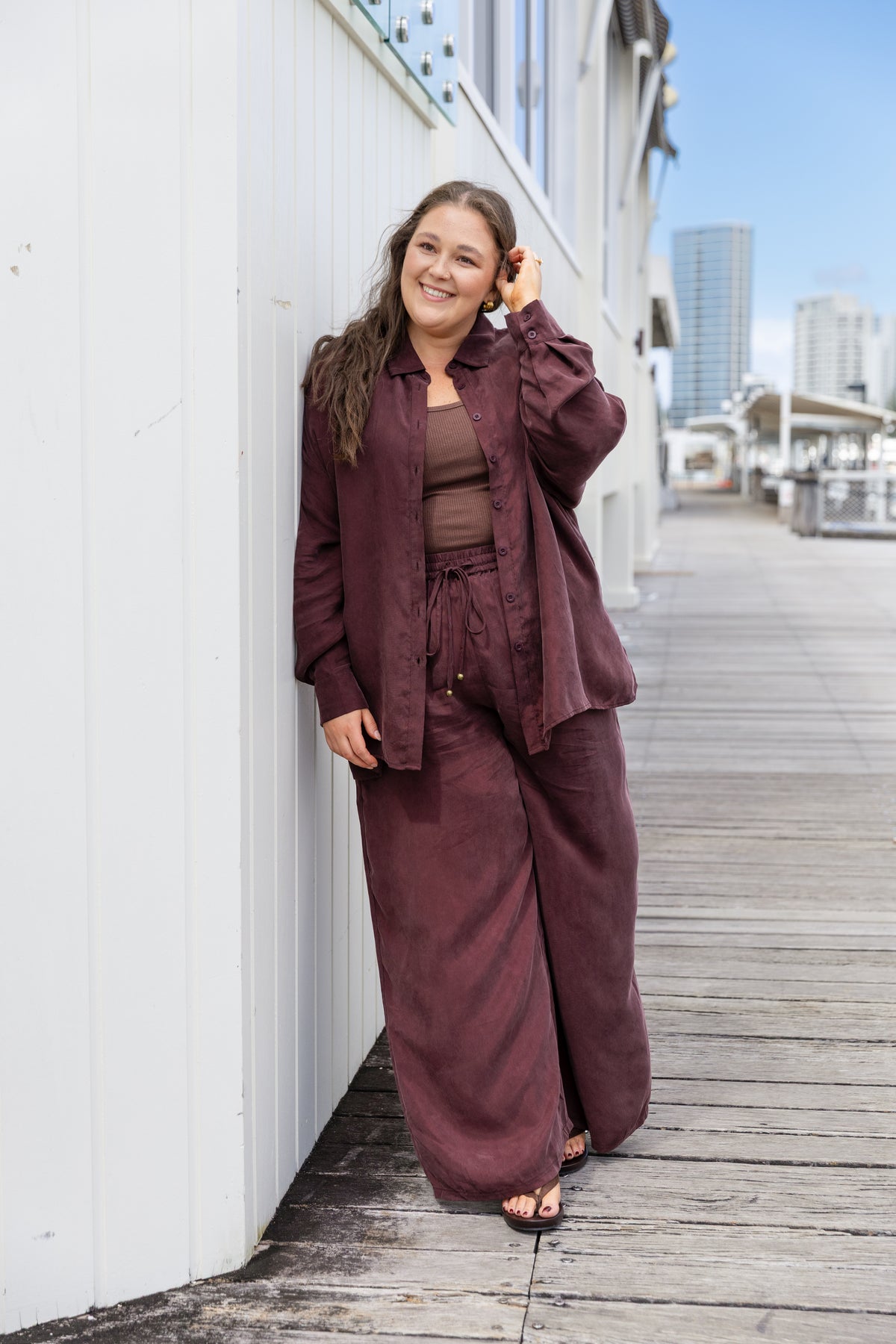 Jayla Oversized Cupro Shirt in Chocolate