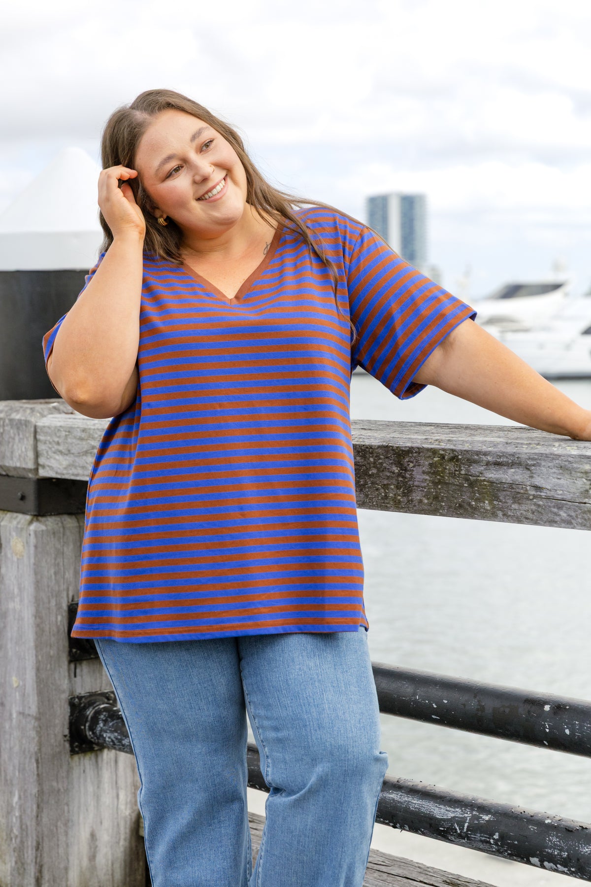 Striped V-Neck Tee in Blue/Brown