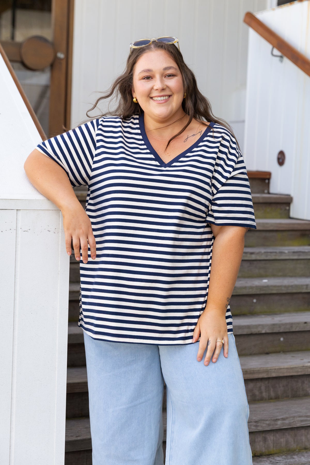Striped V-Neck Tee in Navy/Cream