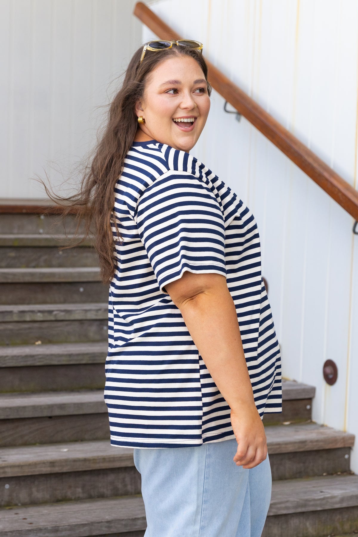 Striped V-Neck Tee in Navy/Cream