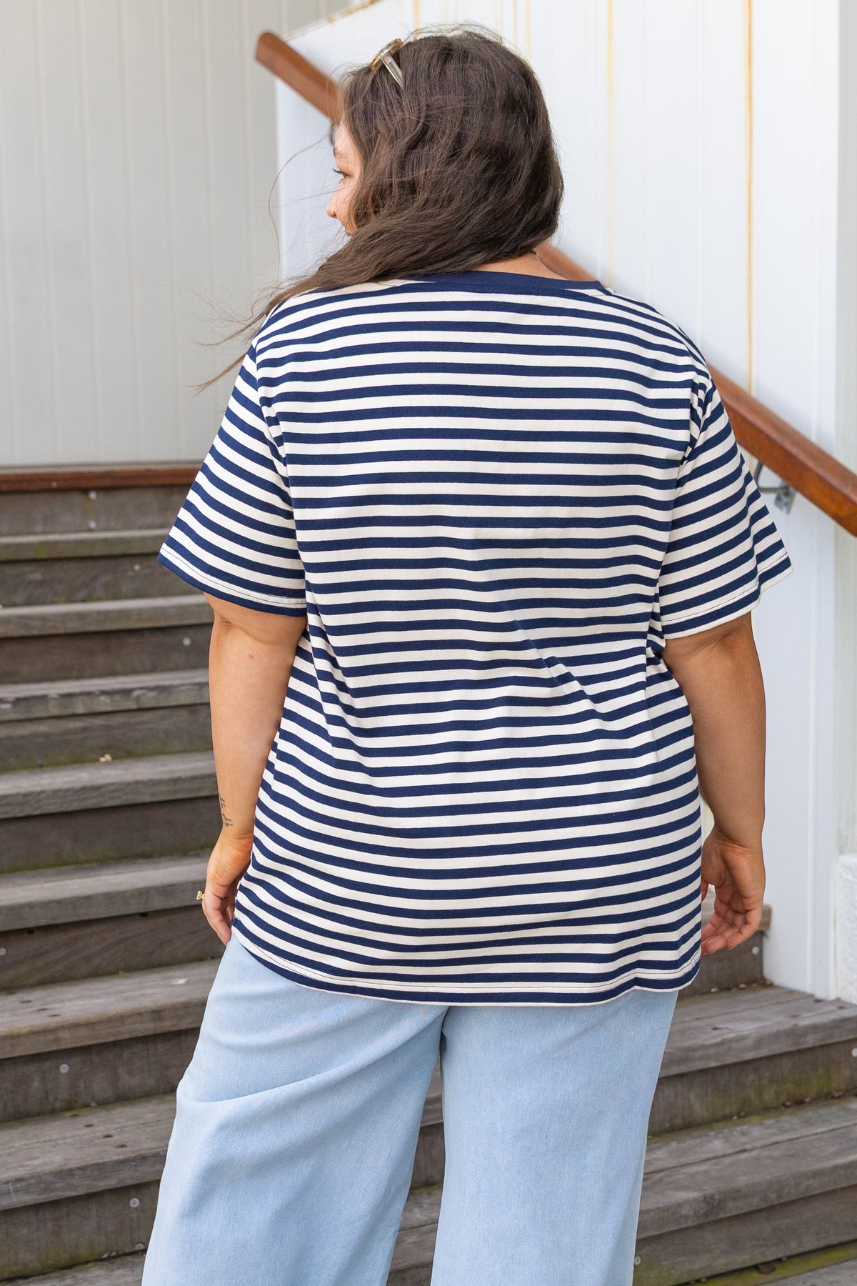 Striped V-Neck Tee in Navy/Cream