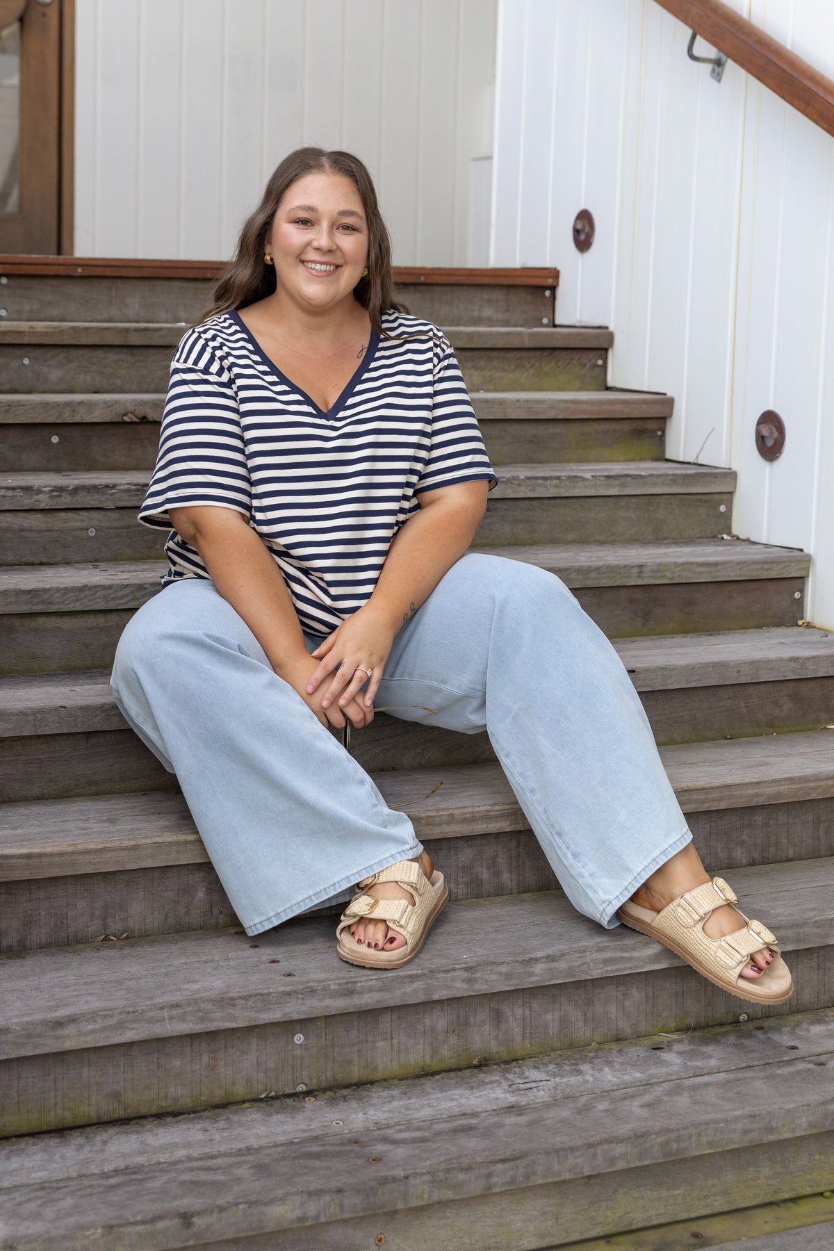 Striped V-Neck Tee in Navy/Cream