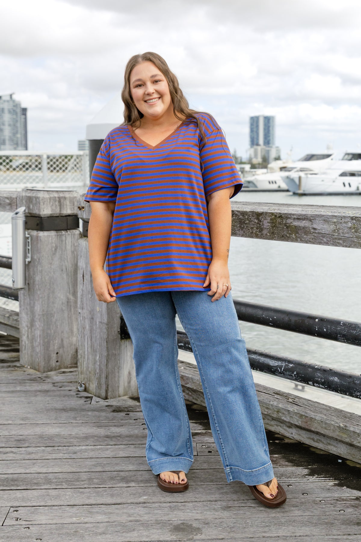 Striped V-Neck Tee in Blue/Brown