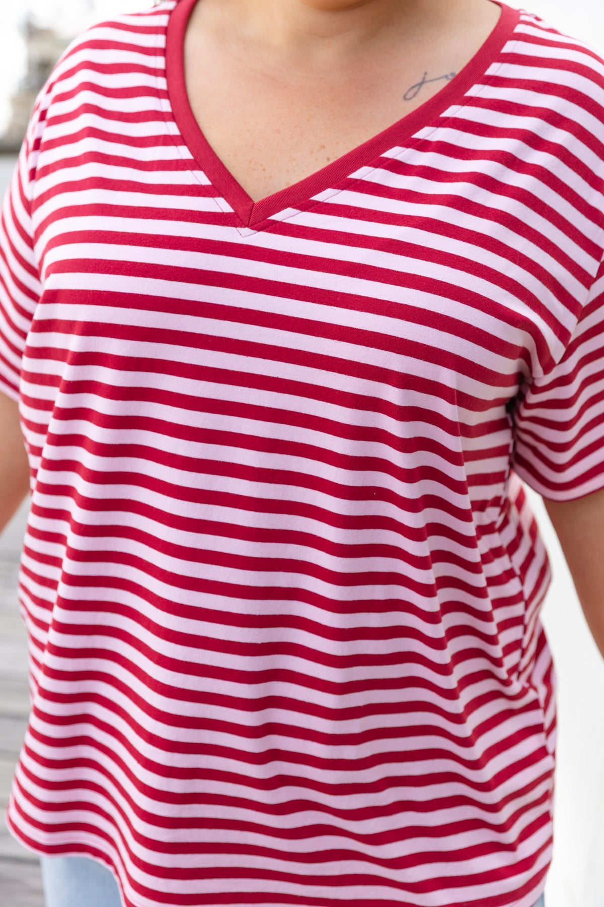 Striped V-Neck Tee in Wine/Light Pink